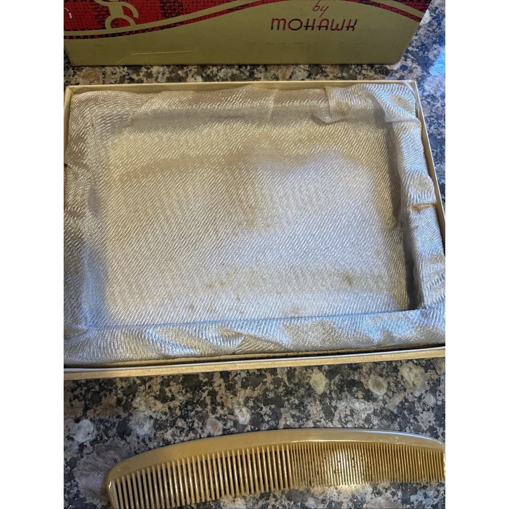 Vintage 1950s Mohawk Wooden Hair Brush & Comb Gift Set - Original Plaid Box